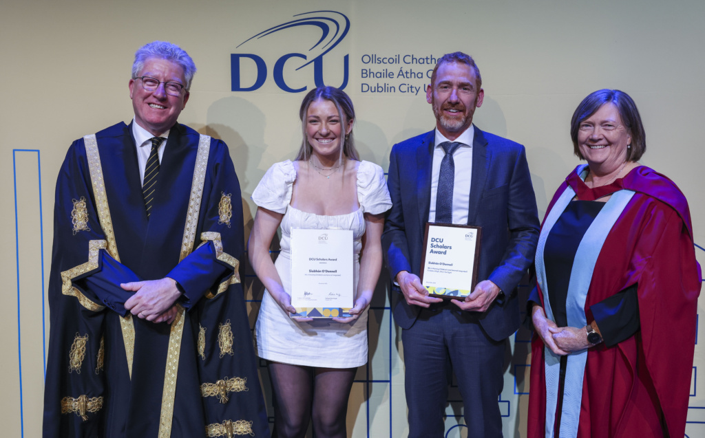 Siubhán O'Donnell, BSc in Nursing (Children's and General Integrated), Colaiste Ailigh, Dhún Na Ngall with
Principal Séan Uas Mac Suibhne, Professor Dáire Keogh (DCU President, far left) and Professor Michelle Butler
(Executive Dean of DCU Faculty of Science & Health, far right)